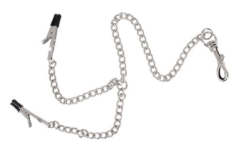 Y-shaped chain with nipple clamps and cock rings